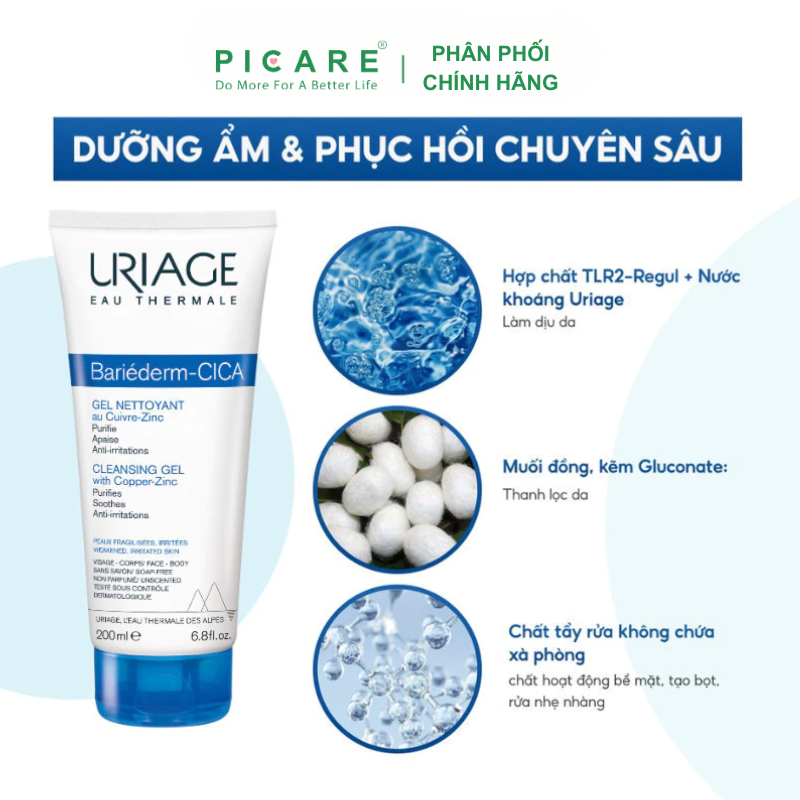 Gel Làm Sạch Dành Cho Da Kích Ứng Uriage  Bariederm Cica Gel Nettoyant 200ml