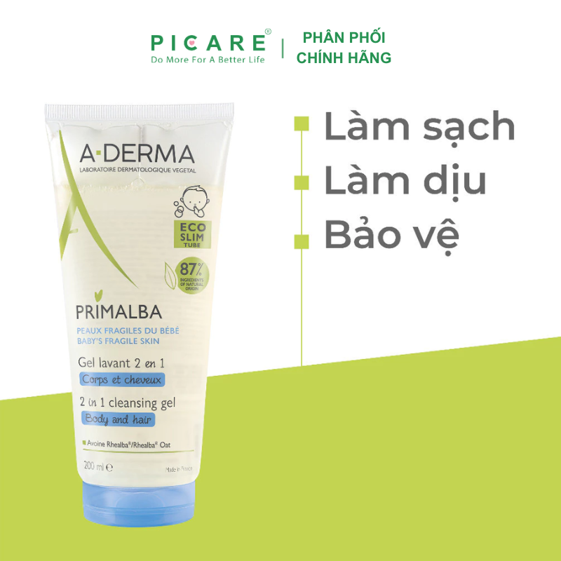 Gel Làm Sạch Tóc Và Toàn Thân Dịu Nhẹ Cho Bé A-Derma Primalba Cleansing Gel 2 in 1 200ml