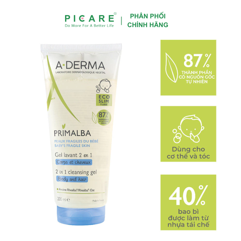 Gel Làm Sạch Tóc Và Toàn Thân Dịu Nhẹ Cho Bé A-Derma Primalba Cleansing Gel 2 in 1 200ml