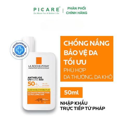 Kem Chống Nắng Mỏng Nhẹ Lâu Trôi Giúp Bảo Vệ Da Tối Ưu Khỏi Tia UVA Dài La Roche-Posay Anthelios Uvmune 400 Invisible Fluid SPF50+ 50ml