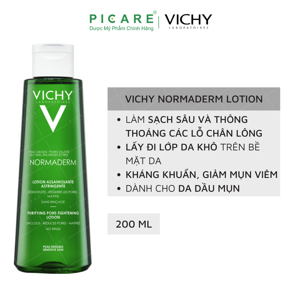 Nước Cân Bằng Giảm Bóng Dầu, Se Khít Lỗ Chân lông Cho Da Dầu, Mụn Vichy Normaderm Purifying Pore-Tightening Lotion 200ml