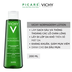 Nước Cân Bằng Giảm Bóng Dầu, Se Khít Lỗ Chân lông Cho Da Dầu, Mụn Vichy Normaderm Purifying Pore-Tightening Lotion 200ml