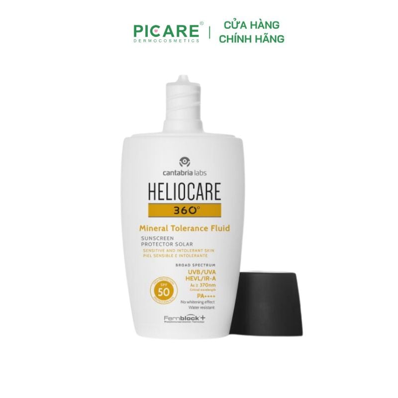 Kem chống nắng phổ rộng Heliocare 360 Mineral Tolerance Fluid Sunscreen Sensitive SPF50+ UVA/UVB HEVL/IR-A PA++++ 50ml