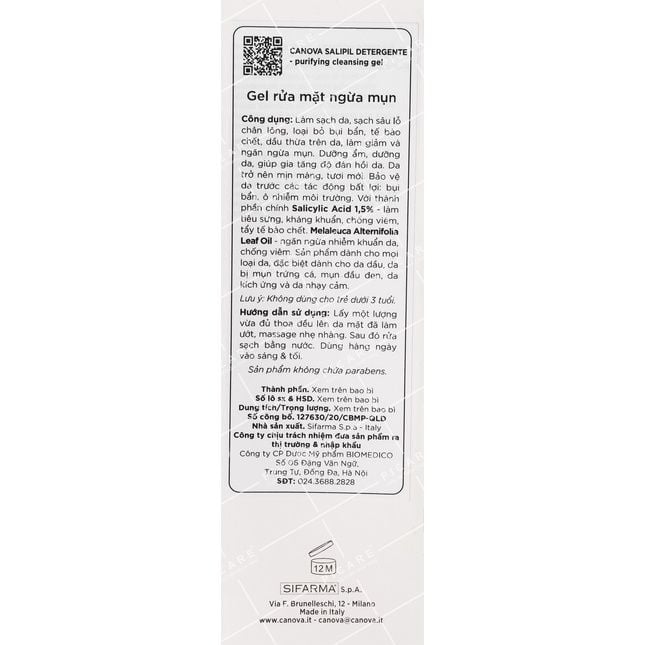 Sữa rửa mặt dạng gel kiềm dầu làm sạch sâu ngừa mụn Canova Salipil Detergente - Purifying Cleansing Gel 150ml