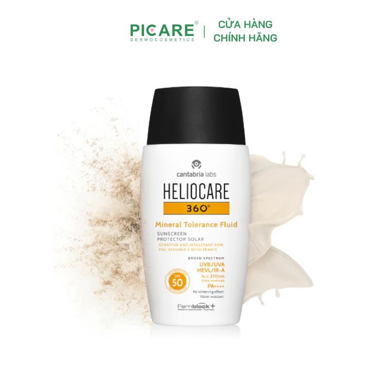 Kem chống nắng phổ rộng Heliocare 360 Mineral Tolerance Fluid Sunscreen Sensitive SPF50+ UVA/UVB HEVL/IR-A PA++++ 50ml