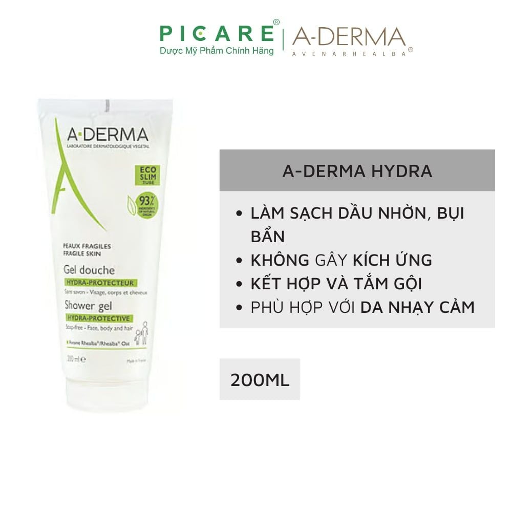 Gel rửa mặt tắm gội dịu nhẹ dành cho da bé da nhạy cảm A-Derma Hydra Shower Gel Protective 200ml