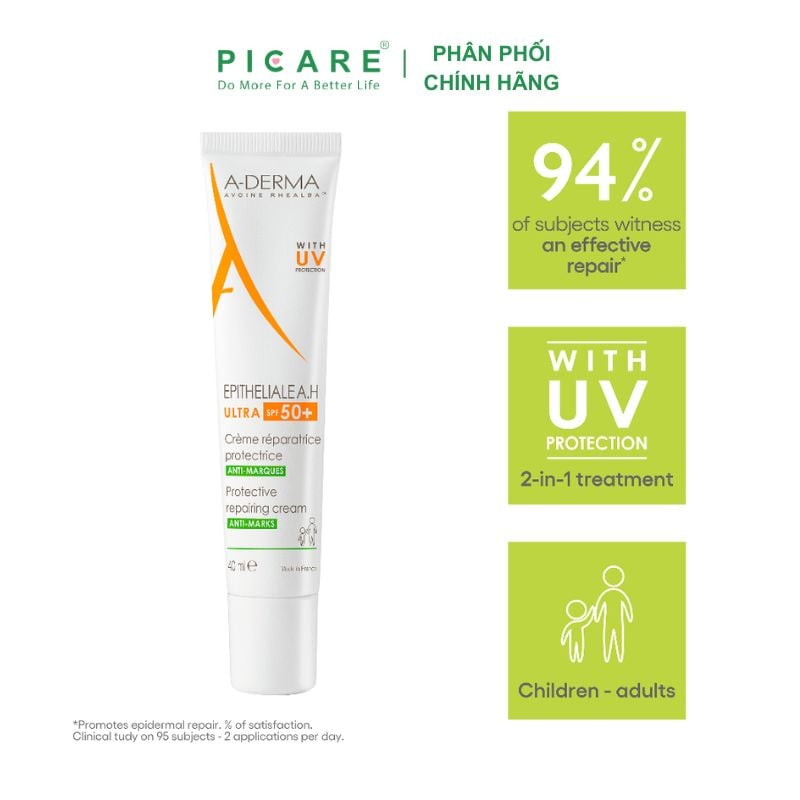 Kem hỗ trợ liền sẹo phục hồi và tái tạo da bị tổn thương có chống nắng A-Derma Epitheliale A.H Ultra SPF50+ Cr 40ml