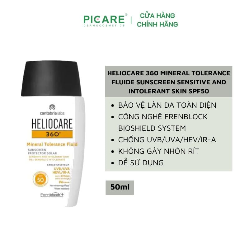 Kem chống nắng phổ rộng Heliocare 360 Mineral Tolerance Fluid Sunscreen Sensitive SPF50+ UVA/UVB HEVL/IR-A PA++++ 50ml
