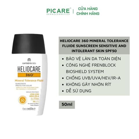 Kem chống nắng phổ rộng Heliocare 360 Mineral Tolerance Fluid Sunscreen Sensitive SPF50+ UVA/UVB HEVL/IR-A PA++++ 50ml
