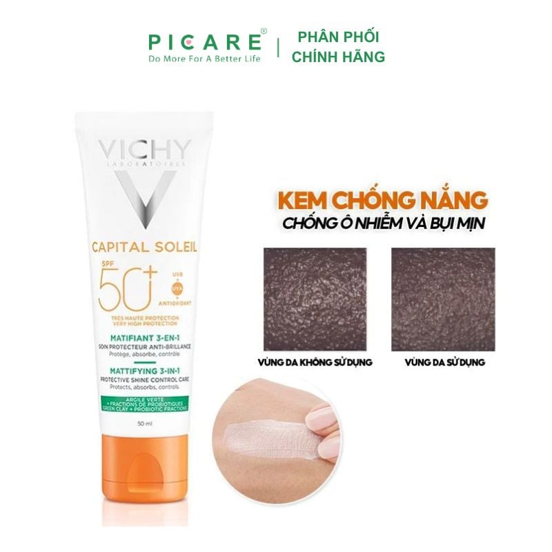 Kem chống nắng chống bụi mịn, kiểm soát dầu Vichy SPF50+ Capital Soleil Mattifying 3In1 UVB+UVA  50ml