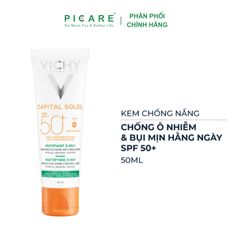 Kem chống nắng chống bụi mịn, kiểm soát dầu Vichy SPF50+ Capital Soleil Mattifying 3In1 UVB+UVA  50ml