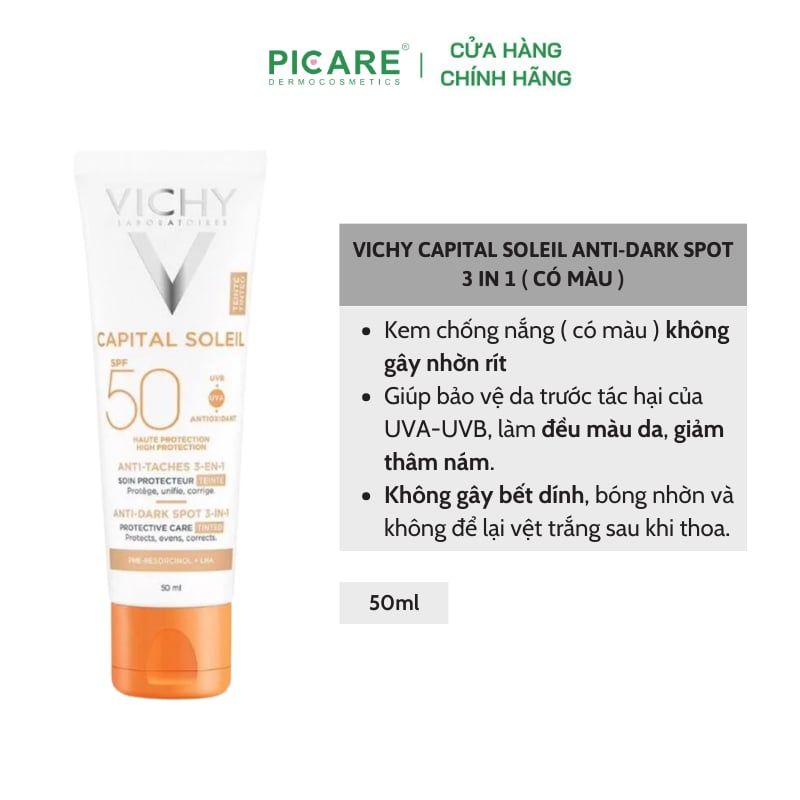 Kem chống nắng ngăn sạm da & giảm thâm nám nâng tone Vichy Ideal Soleil Anti Dark Spot SPF50+ 50ml ( Có màu )