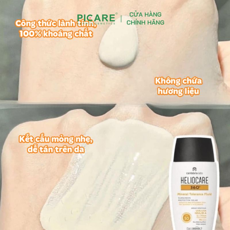 Kem chống nắng phổ rộng Heliocare 360 Mineral Tolerance Fluid Sunscreen Sensitive SPF50+ UVA/UVB HEVL/IR-A PA++++ 50ml
