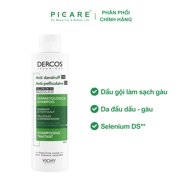 Dầu gội giảm gàu cho da đầu dầu ngứa Vichy Dercos Anti Dandruff DS Dermatological Shampoo 200ml