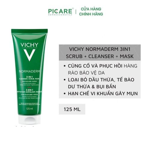 Kem & Mặt Nạ Vichy Làm Sạch Tế Bào Da Chết Dành Cho Da Dầu, Da Mụn Normaderm 3in1 Scrub + Cleanser + Mask 125ml