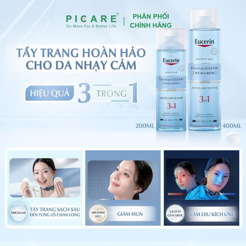 Nước Tẩy Trang Dành Cho Da Nhạy Cảm Eucerin DermatoCLEAN Hyaluron Micellar Water 3In1 200ml – 63997