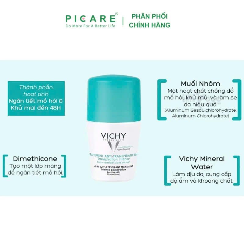 Lăn Khử Mùi Giúp Khô Thoáng Vùng Da Dưới Cánh Tay 48h Vichy Antiperspirant Deodorant 48h Kraftig Transpiration 50ml