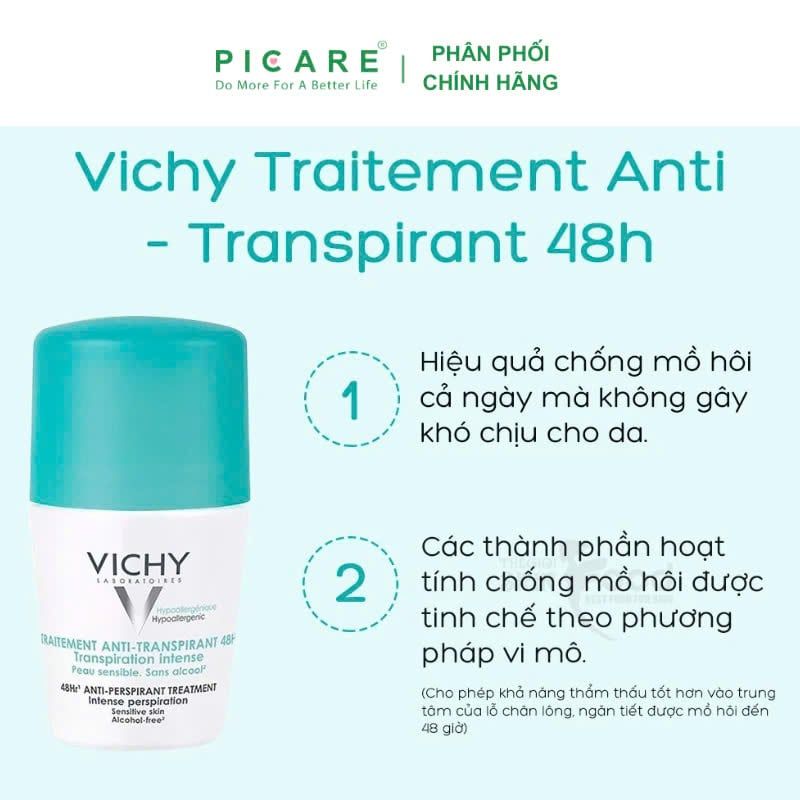 Lăn Khử Mùi Giúp Khô Thoáng Vùng Da Dưới Cánh Tay 48h Vichy Antiperspirant Deodorant 48h Kraftig Transpiration 50ml