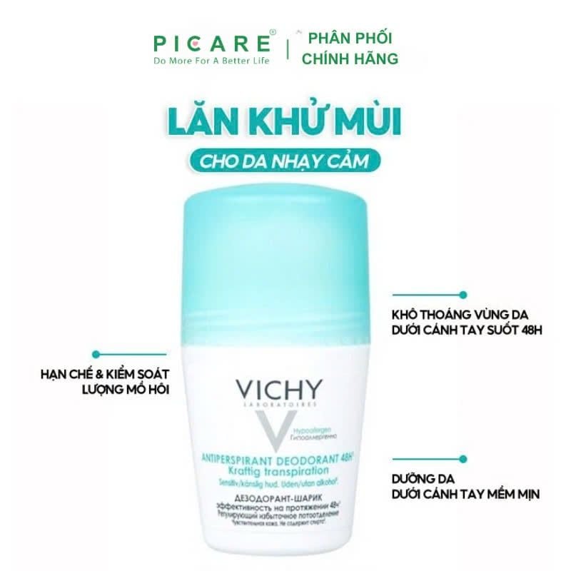 Lăn Khử Mùi Giúp Khô Thoáng Vùng Da Dưới Cánh Tay 48h Vichy Antiperspirant Deodorant 48h Kraftig Transpiration 50ml