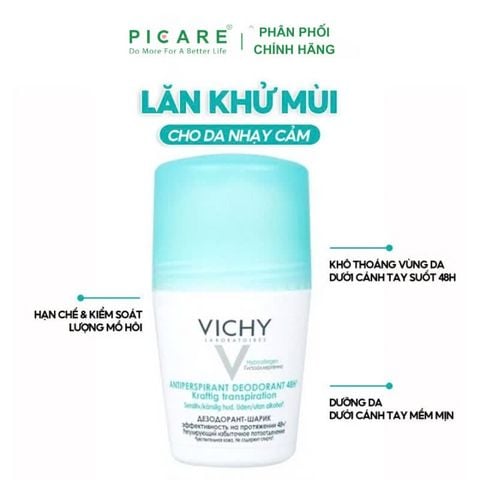 Lăn Khử Mùi Giúp Khô Thoáng Vùng Da Dưới Cánh Tay 48h Vichy Antiperspirant Deodorant 48h Kraftig Transpiration 50ml