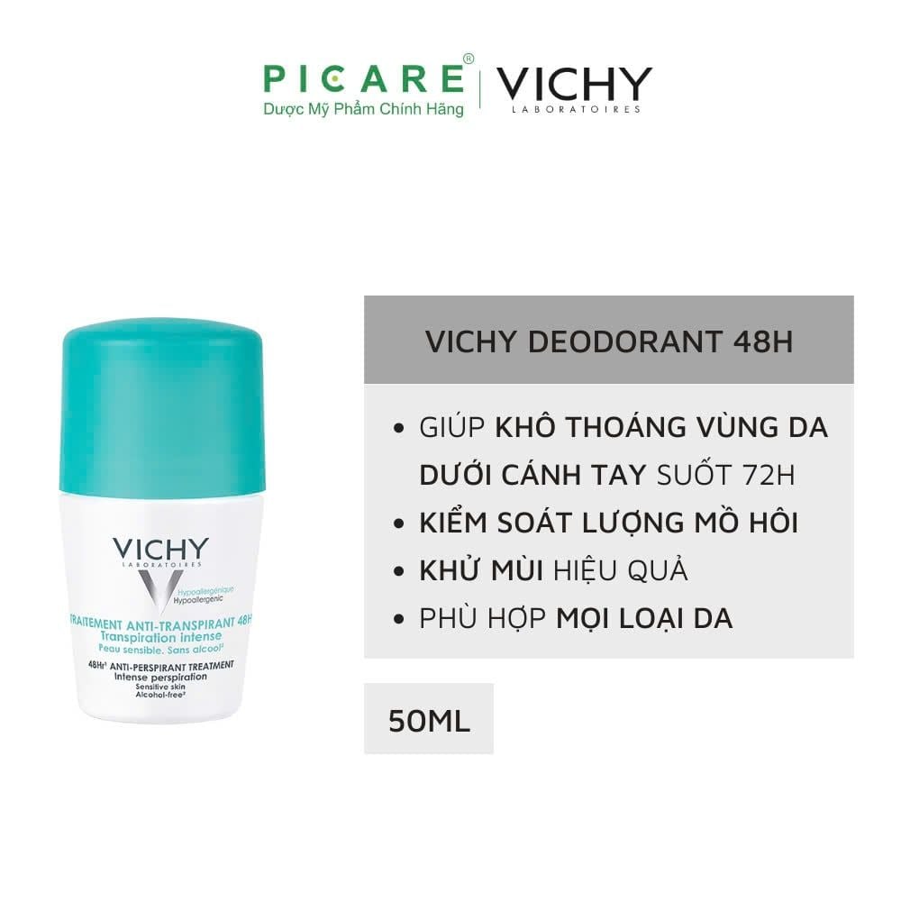 Lăn Khử Mùi Giúp Khô Thoáng Vùng Da Dưới Cánh Tay 48h Vichy Antiperspirant Deodorant 48h Kraftig Transpiration 50ml