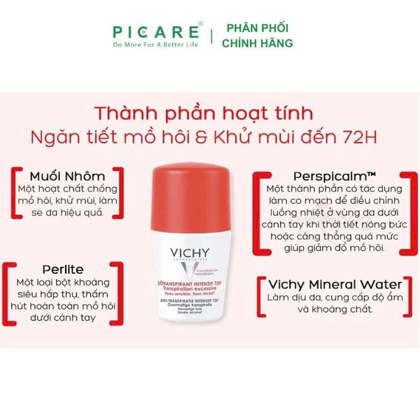 Lăn Khử Mùi Giúp Khô Thoáng Vùng Da Dưới Cánh Tay 72h Vichy Detranspirant Intensif 72h Transpiration Excessive 50ml