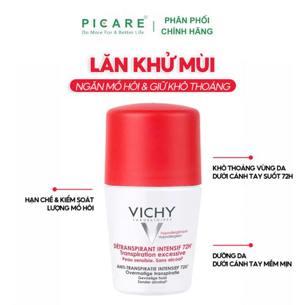Lăn Khử Mùi Giúp Khô Thoáng Vùng Da Dưới Cánh Tay 72h Vichy Detranspirant Intensif 72h Transpiration Excessive 50ml