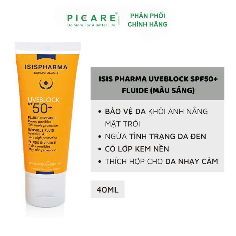 Kem chống nắng có màu dành cho da khô ISIS Pharma Uveblock SPF50+ Fluide 40ml ( Không màu )