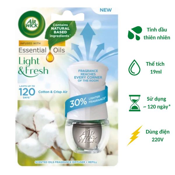 Bộ Tinh Dầu Cắm Điện Air Wick AWK3189 Cotton & Crisp Air 19ml (Hương hoa bông)