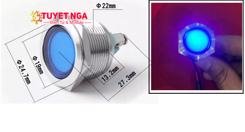 Đèn Báo Kim Loại Chống Nước 12V-24V 22mm Màu Xanh