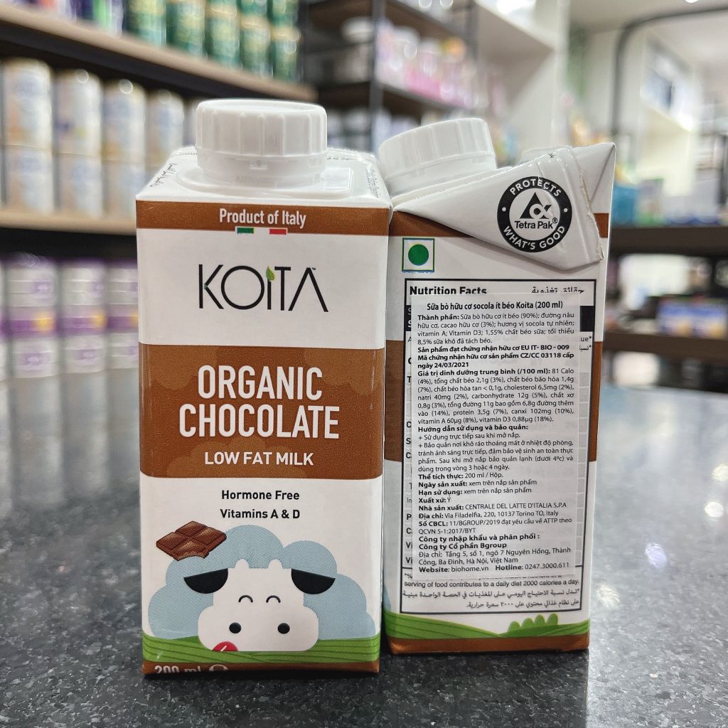 Sữa bò hữu cơ vị socola ít béo Koita 200ml