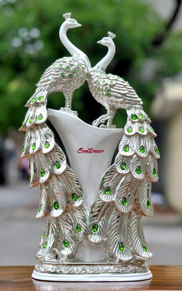 Cặp tượng trang trí chim công ánh bạc