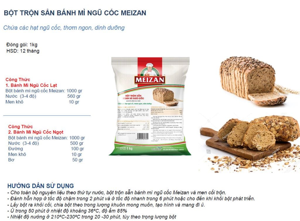 Bột trộn bánh mì ngũ cốc Meizan 1kg - 10g/T