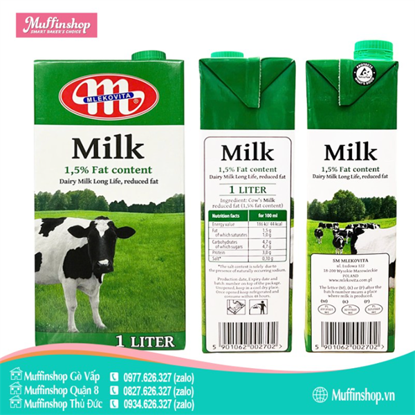 Sữa tươi Ba Lan xanh Mlekovita 1L 1.5% - 12h/T