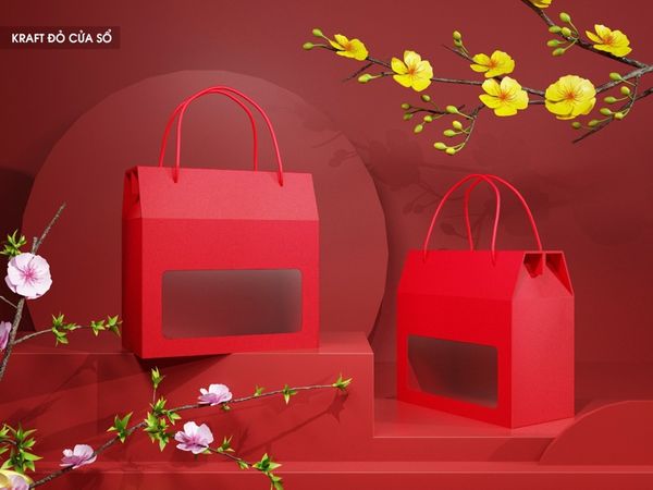 Hộp Kraft đỏ quai xách cửa sổ