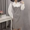 Đầm màu kẻ nâu hồng cổ ren tay phồng V0140