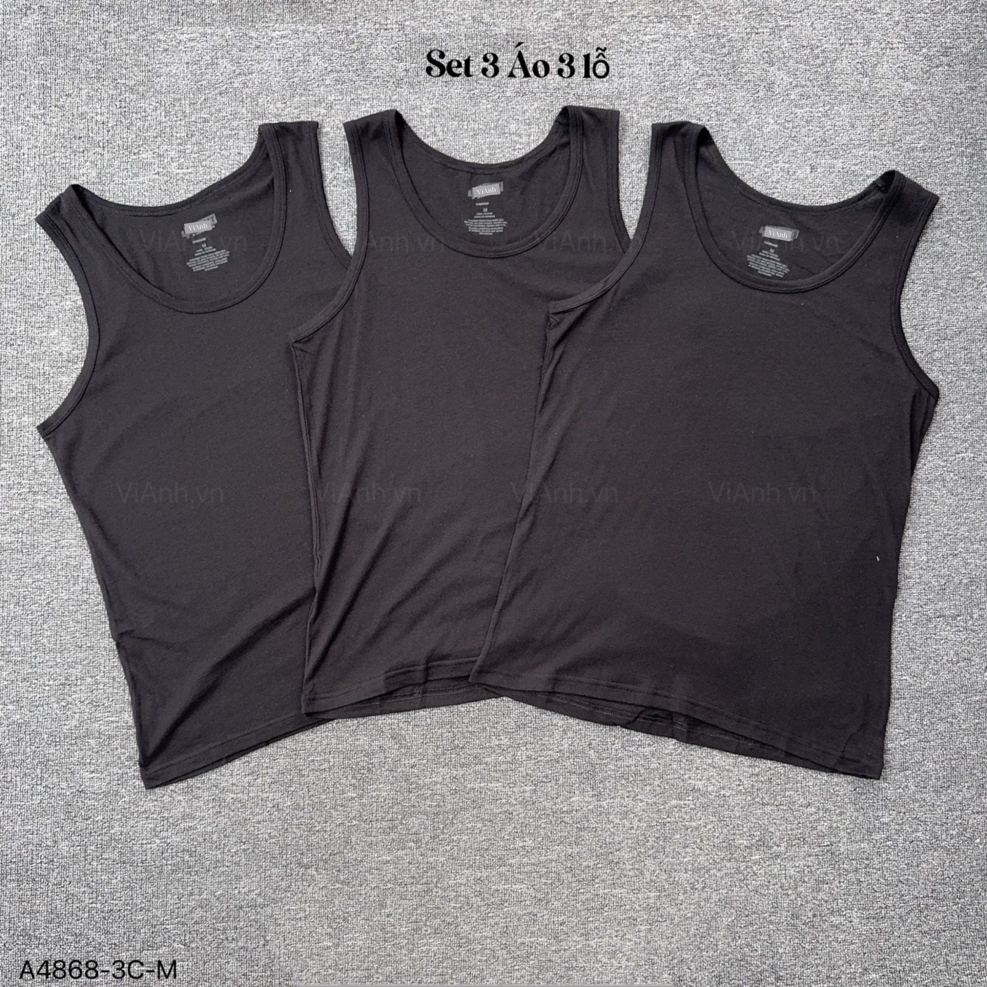 SET 3 Áo 3 lỗ cotton A4868 / ĐEN / C975