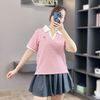Áo ngắn tay có cổ xuất Hàn A5706 / KẺ TRẮNG ĐỎ B46