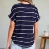 Áo len ngắn tay chờm vai A5979 / XANH KẺ TRẮNG B79