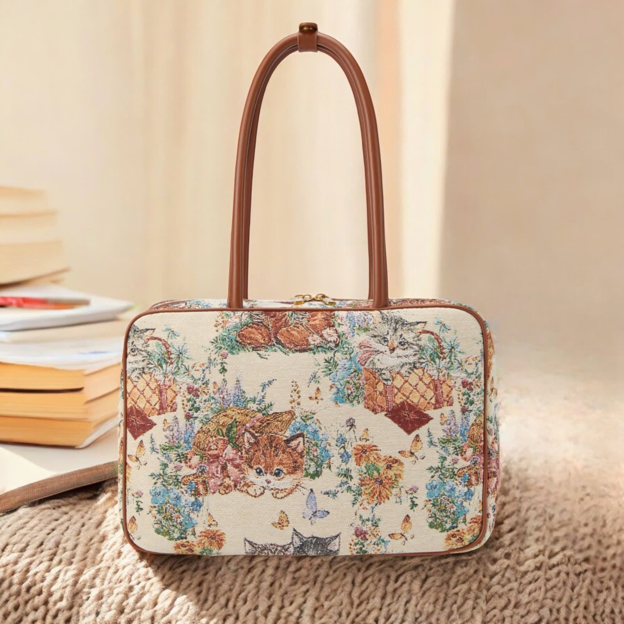 Túi A534 xách chữ nhật vải canvat hoạ tiết TX1306 / 34x24 / TRẮNG VIỀN NÂU