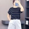 Áo len ngắn tay chờm vai A5980 / ĐEN KẺ NÂU B80