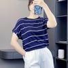 Áo len ngắn tay chờm vai A5979 / XANH KẺ TRẮNG B79