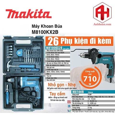 Máy khoan búa động lực Makita M8100KX2B kèm 26 phụ kiện (710W)