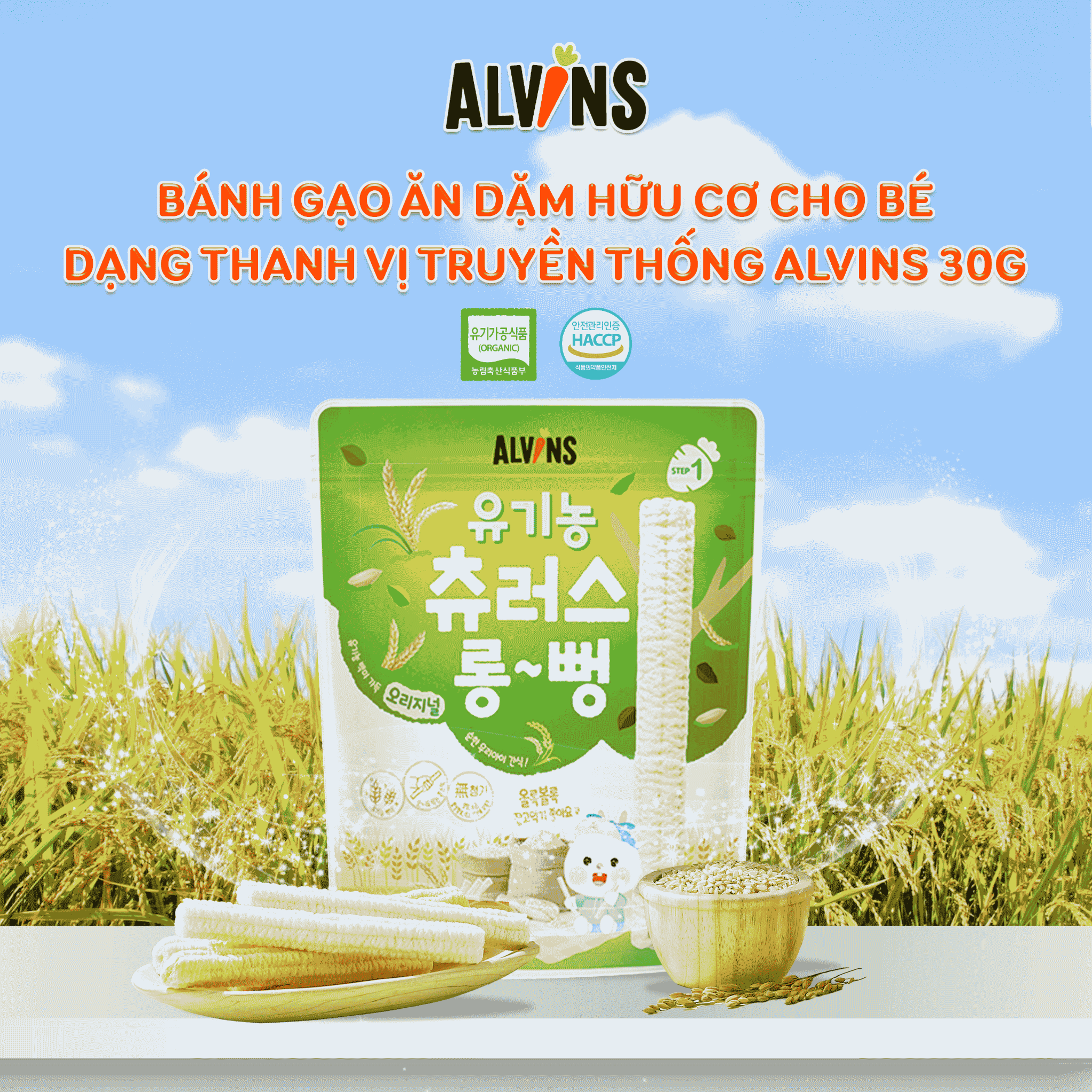 Bánh gạo ăn dặm hữu cơ cho bé dạng thanh vị truyền thống Alvins 30g