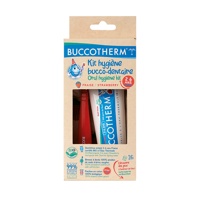 KIT CHĂM SÓC RĂNG HỮU CƠ TRẺ EM VỊ DÂU BUCCOTHERM 50ML KÈM BÀN CHẢI (TRẺ EM 2-6 TUỔI)