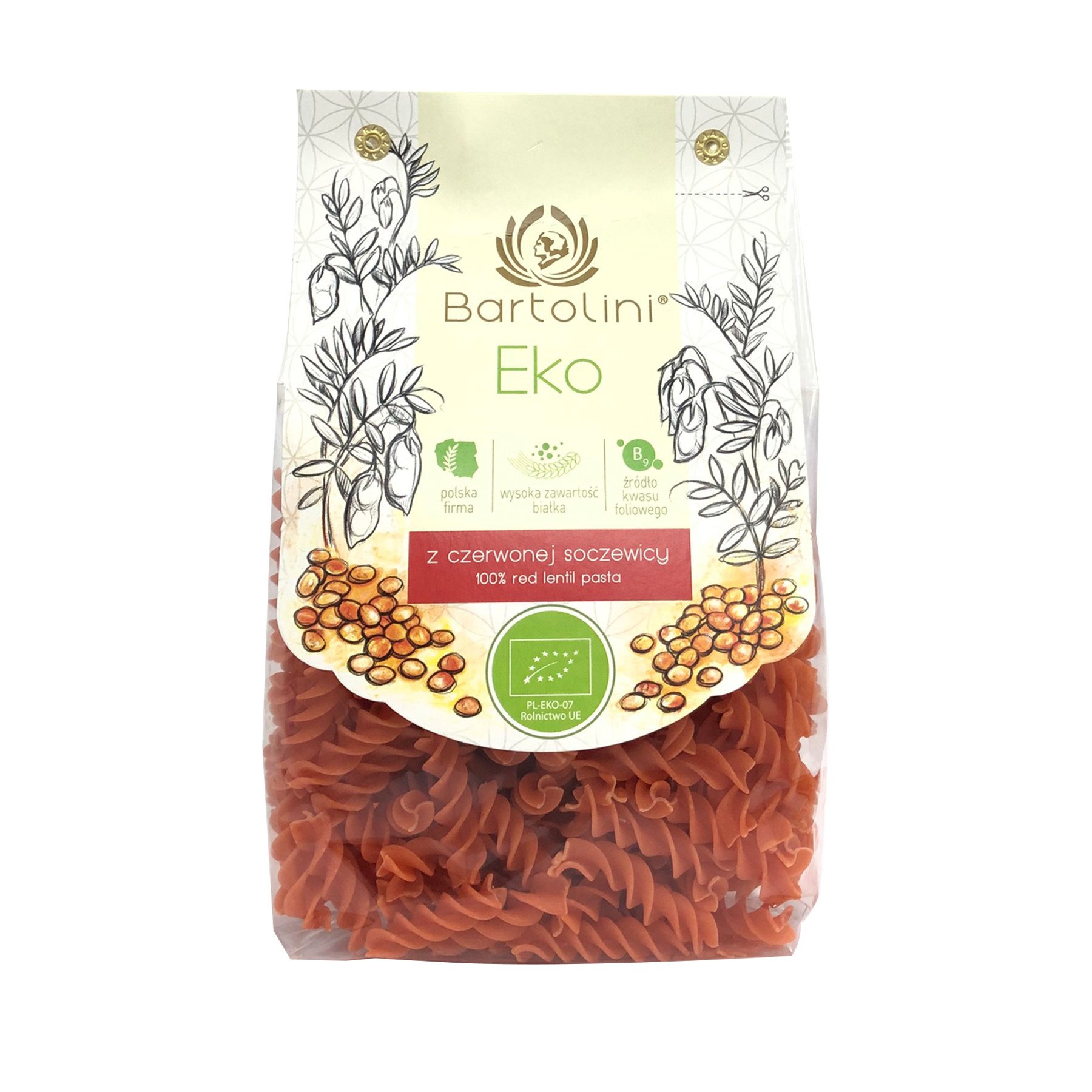 Mì nui xoắn hữu cơ đậu lăng đỏ cam Bartolini 250g