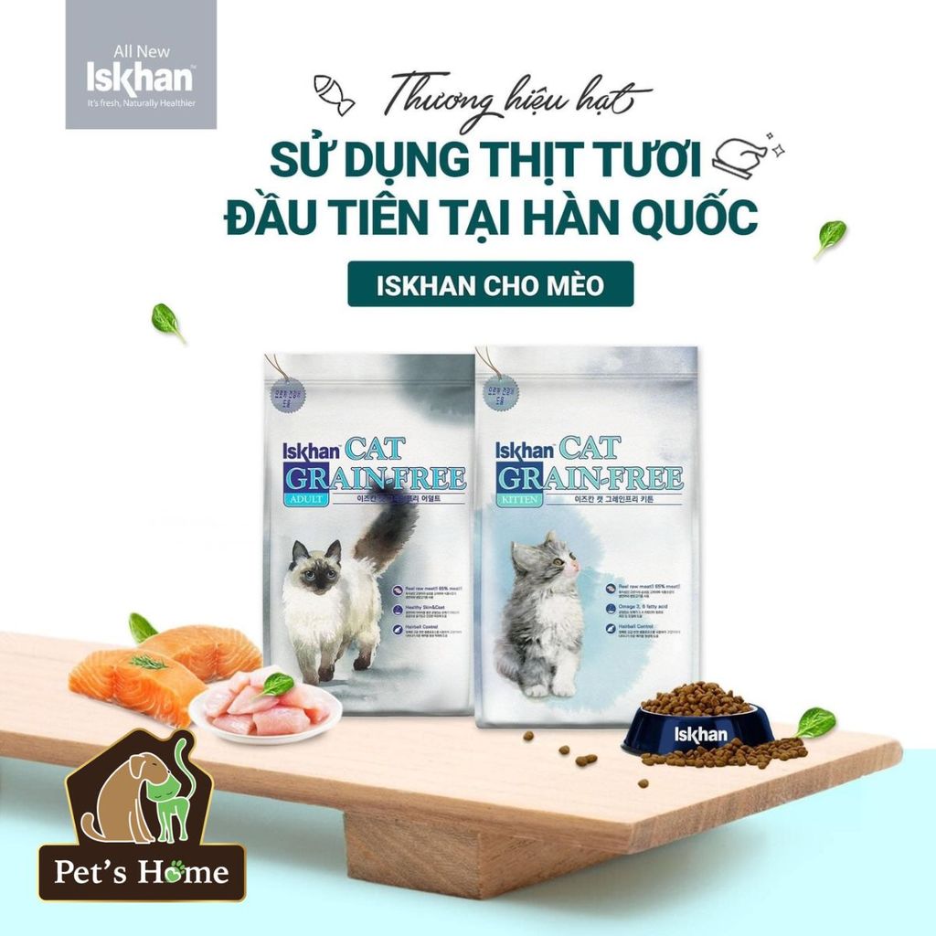 Hạt Iskhan Grainfree [2,5kg] thức ăn cho mèo Kitten, Adult trị hairball, chống rụng lông Hàn Quốc