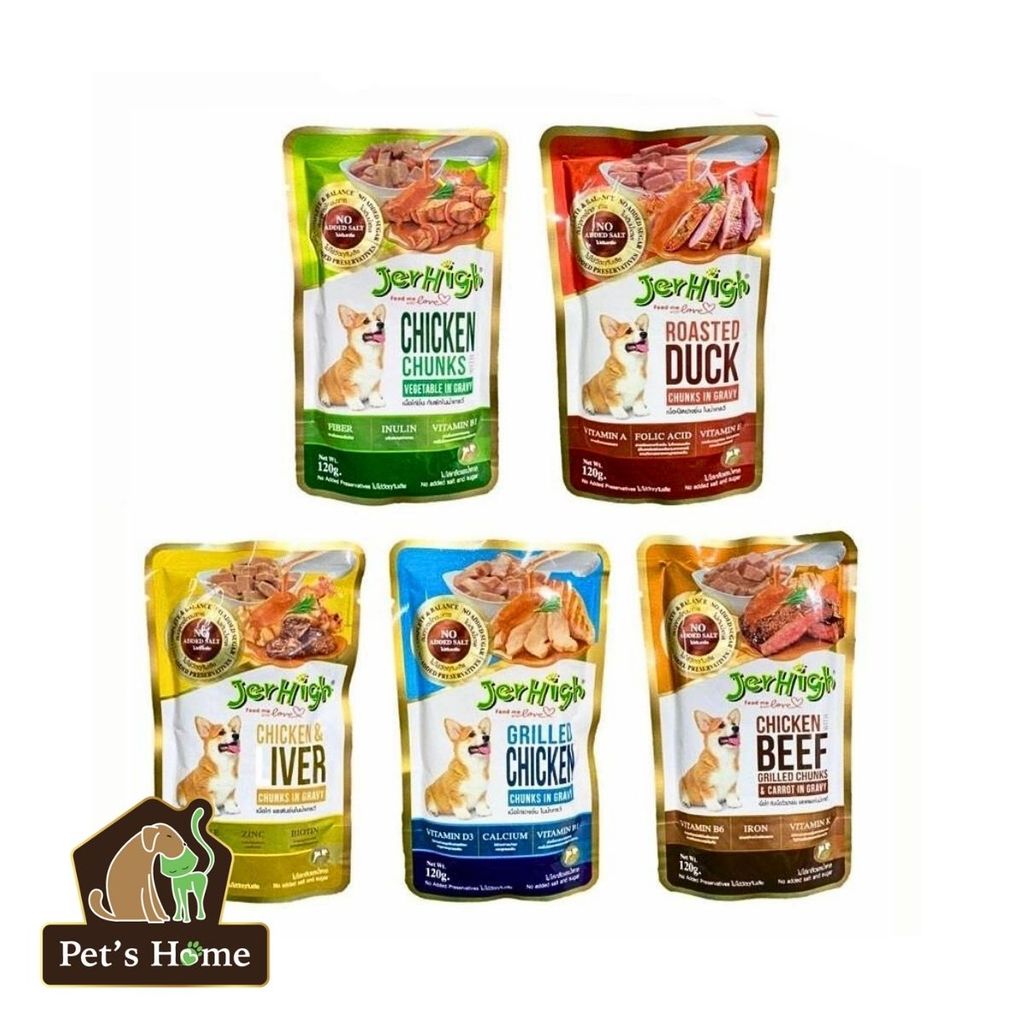 Pate Jerhigh thức ăn uớt dạng thịt sốt bổ sung Vitamin E, Kẽm, Biotin giúp nuôi dưỡng da lông cho chó Thái Lan gói 120g