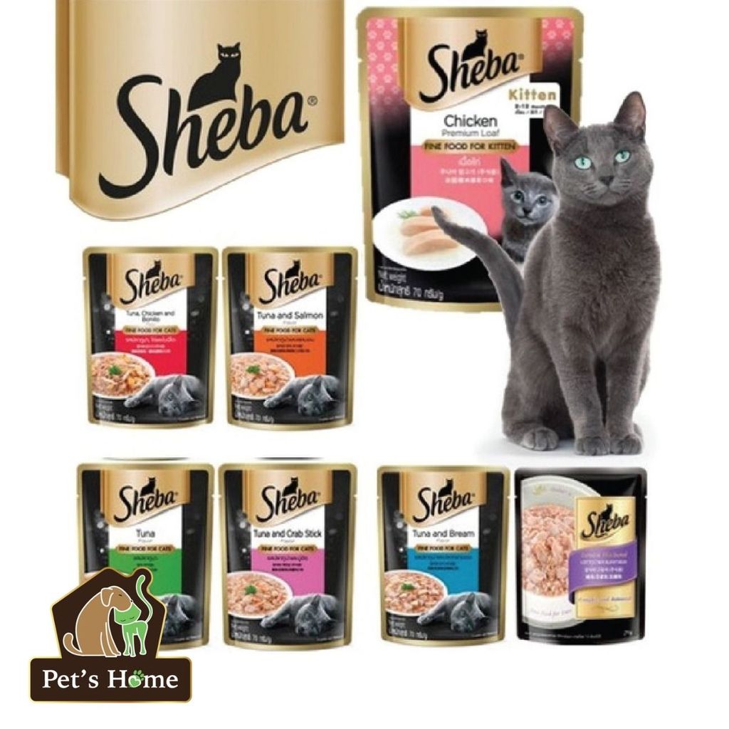 Pate Sheba thức ăn ướt dạng thịt nấu sốt chứa chất xơ và vitamin cần thiết cho mèo Thái Lan gói 70g