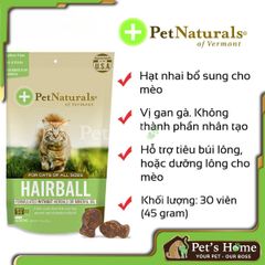 Viên nhai Pet Naturals Hairball giảm, ngăn ngừa búi lông, hỗ trợ đẹp da lông cho mèo túi 30 viên